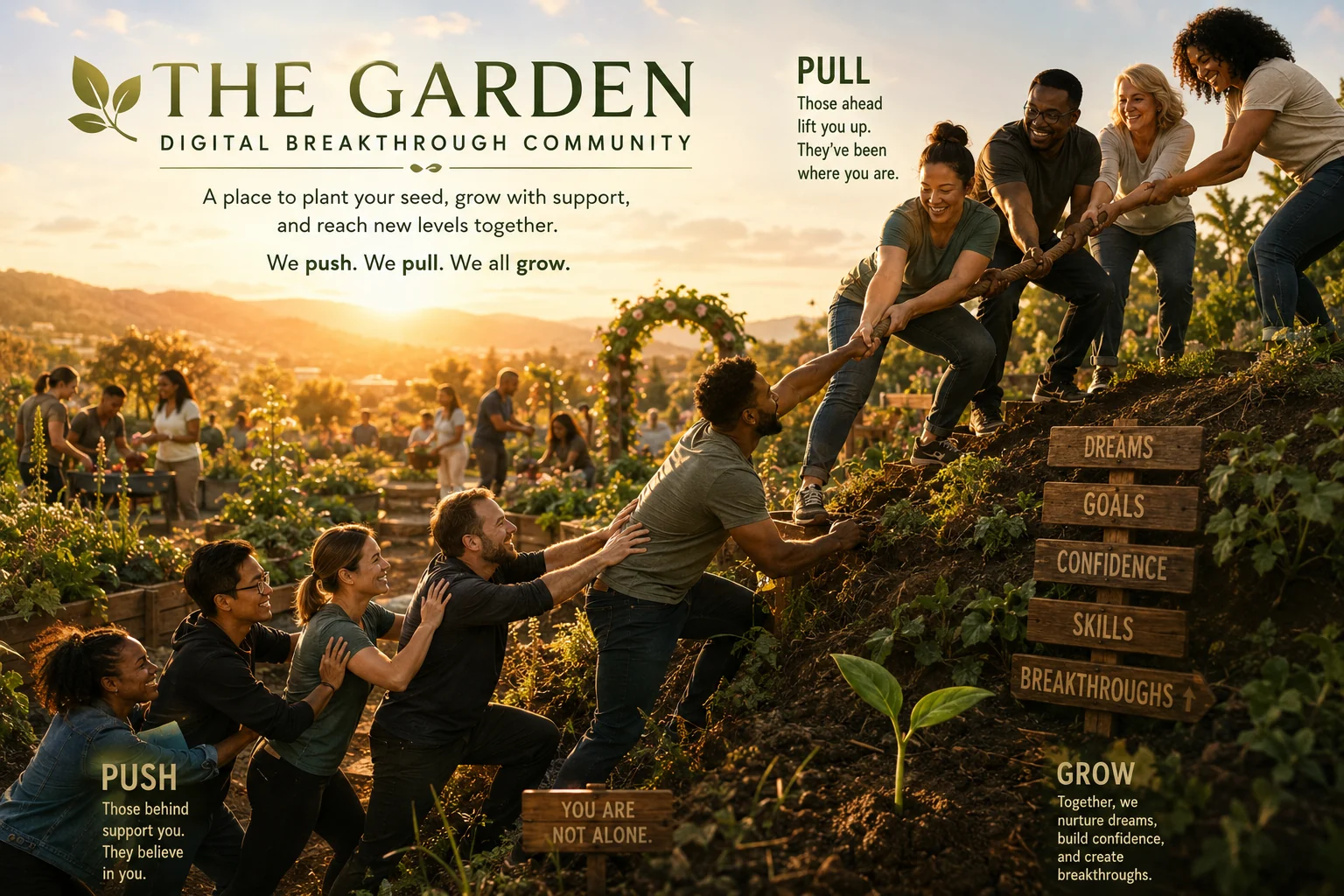 The Garden — Digital Breakthrough Community. People in a community garden help one another move upward, representing push, pull, support and shared growth.